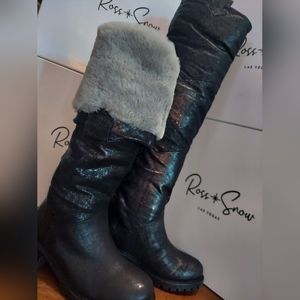 Ross & Snow Italian Leather Shearling OTK Boots Fold-Over Black Sz 5 NWT
